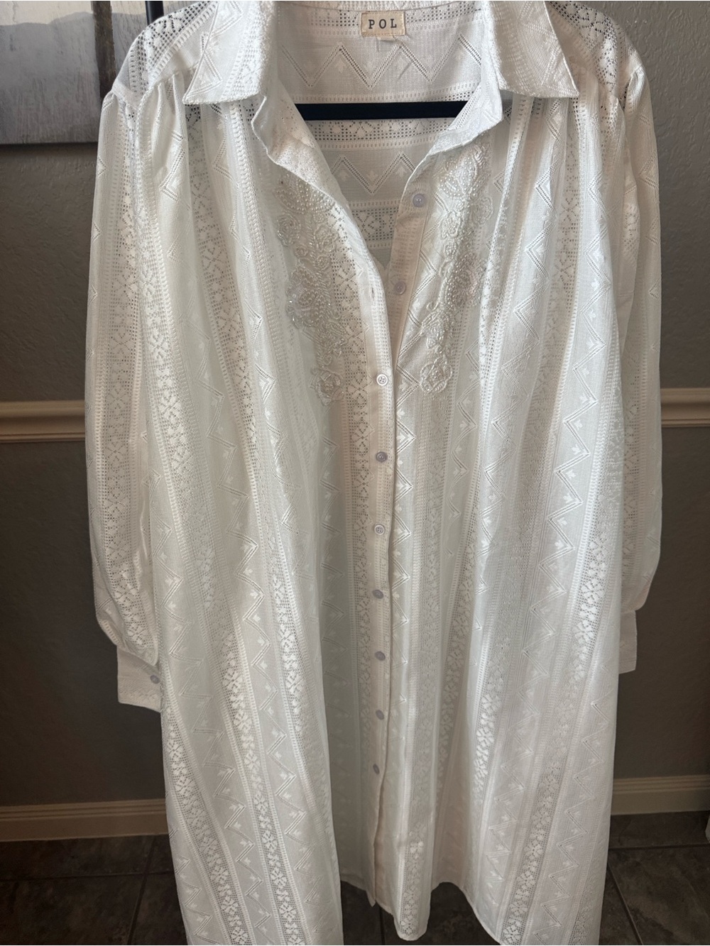 POL White Embroidered Men’s Casual Button-Down Shirt